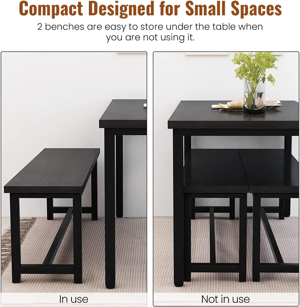 DKLGG Dining Table Set for 4, Wooden Kitchen Table with 2 Dining Bench | 47.2” Farmhouse Dining Room Table Set, Space Saving Table and Chairs Set for Small Space, Kitchen,Dining Room,Apartment
