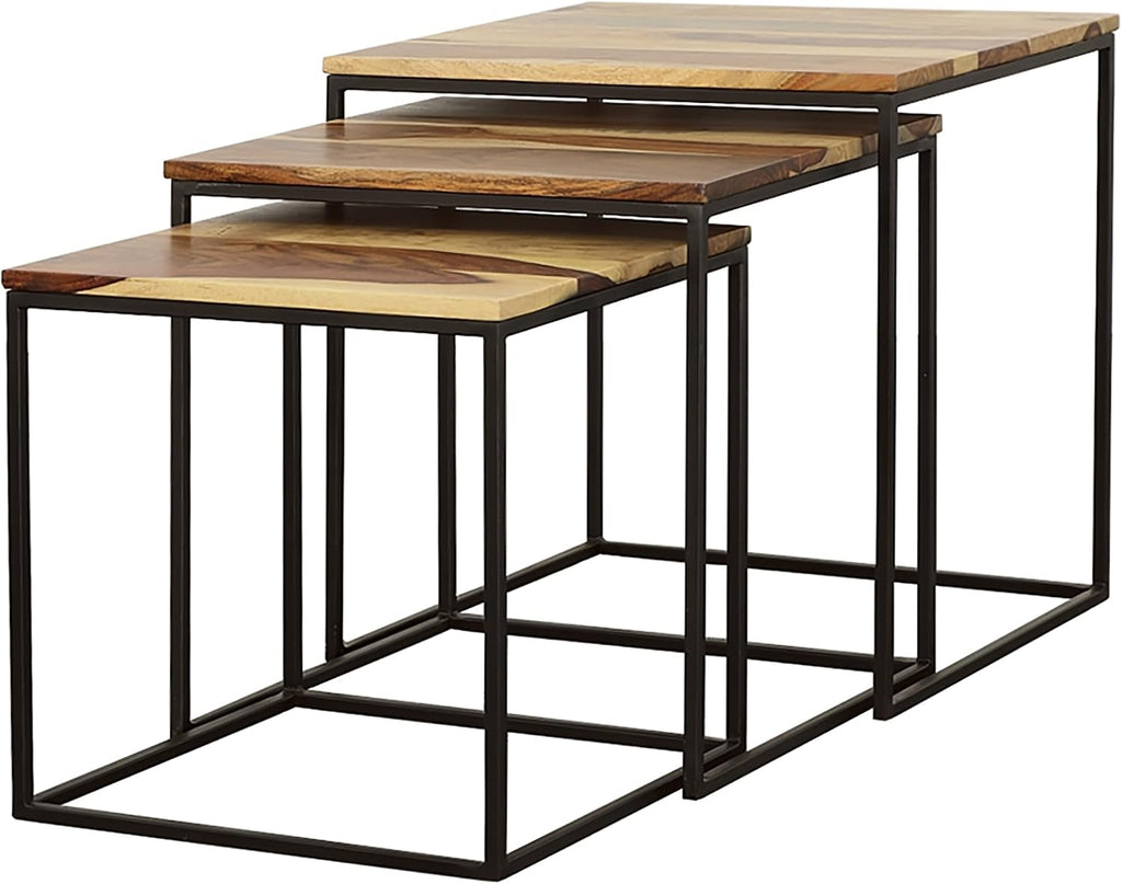 20" Natural Wood Stacking Nesting Tables, Set of Nesting Tables with Slender Metal Legs, Side Tables with Industrial Rustic Fusion for Versatile Home Living Spaces, Brown