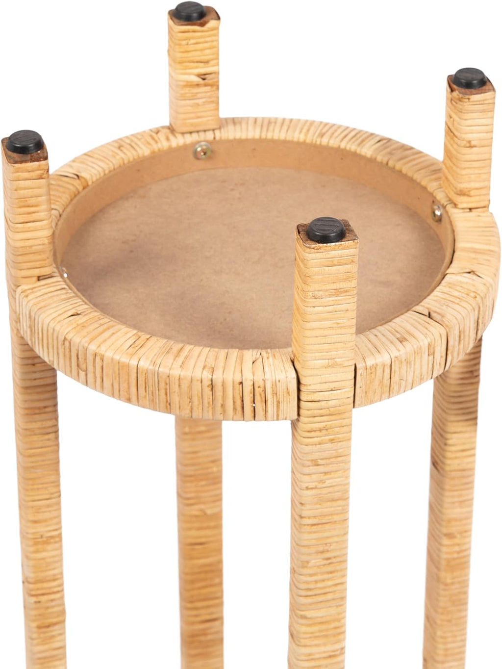 Kate and Laurel Rafina Round Rattan Drink Table, 13 x 13 x 28, Natural Brown, Transitional Boho Circle Wooden Accent Pedestal Table for Indoor Plant Stand or Living Room Decor Accent