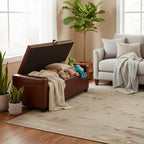 43.31'' Storage Ottoman Bench, Leather Upholstered Tufted Bedroom Bench with Storage, End of Bed Storage Bench for Living Room & Entryway, 350 lb Capacity, Leather Brown