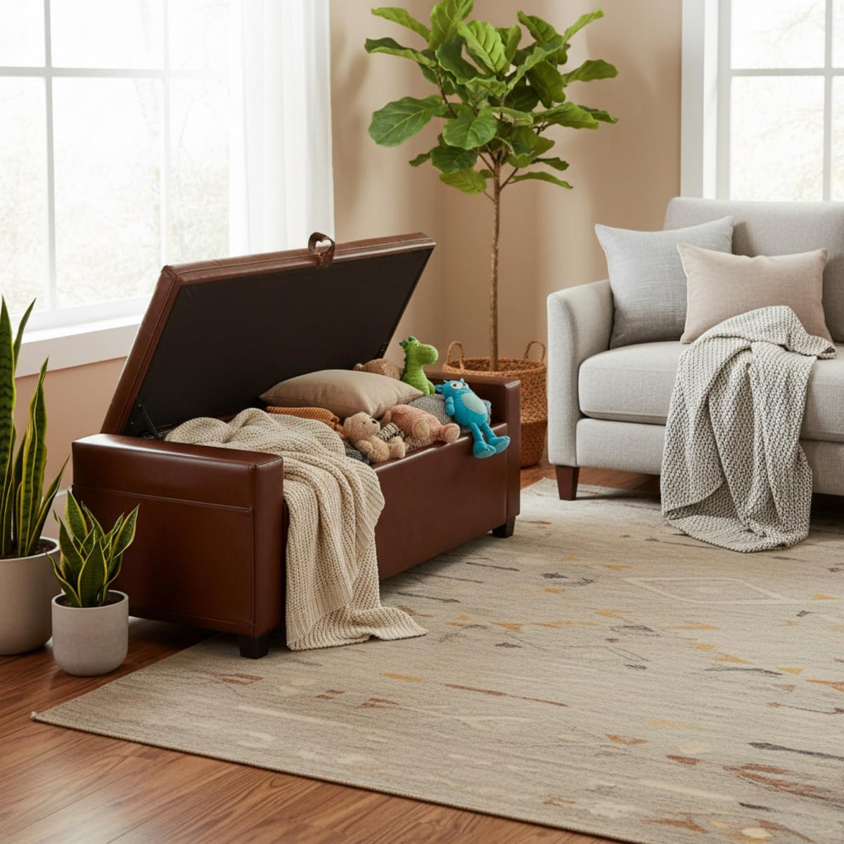43.31'' Storage Ottoman Bench, Leather Upholstered Tufted Bedroom Bench with Storage, End of Bed Storage Bench for Living Room & Entryway, 350 lb Capacity, Leather Brown