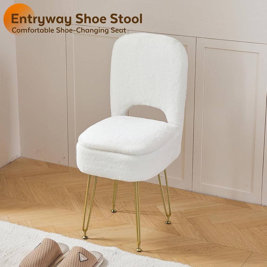 BRIAN & DANY Vanity Chair with Storage and Folding Back, Faux Fur Square Storage Chair, Vanity Stool Chair with 4 Metal Legs for Bedroom, Living Room and Makeup Stations, 13.4"x 15"x 30", White