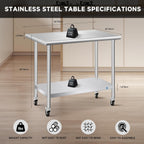 Stainless Steel Table with Wheels 24 x 36 Inch Commercial Stainless Steel Prep Table, Metal Table for Kitchen Restaurant Garage