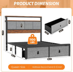 Queen Bed Frame with 2 Storage Drawers & Charging Station, Headboard, Grey