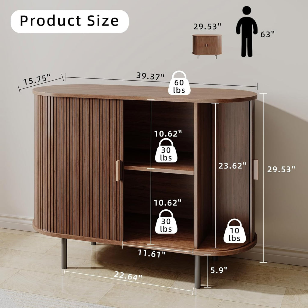 Buffet Sideboard Cabinet with Fluted Sliding Door, 40" Storage Console Table with Adjustable Shelf for Kitchen, Entryway, or Living Room, Modern Accent Coffee Bar, Walnut