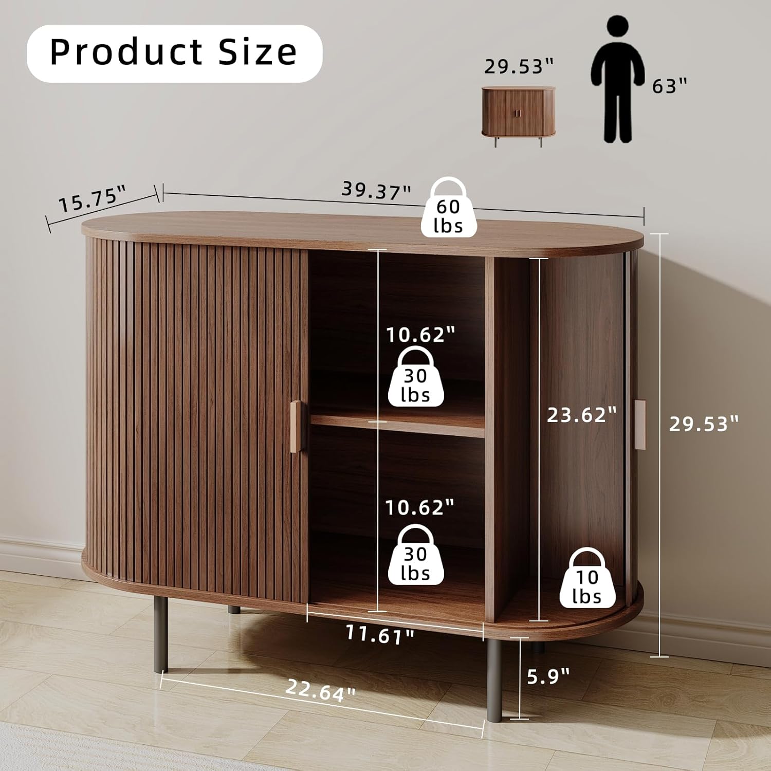 Buffet Sideboard Cabinet with Fluted Sliding Door, 40" Storage Console Table with Adjustable Shelf for Kitchen, Entryway, or Living Room, Modern Accent Coffee Bar, Walnut