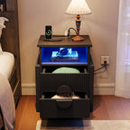 LGHM Set of 2 Fluted Nightstand with Charger Station Strip Lights, 20.47" W Night Stand with 2 Drawers, Large Accent Bed Side Table and End Table, Large Open Cubby, Raising H Legs,Black