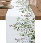 Botanical Eucalyptus Cotton Linen Table Runner for Dining Kitchen, Wedding Outdoor Party Tablerunners Decoration, Sage Green Leaves Elegant Floral Dresser Scarf Coffee Tablecloth Runners 13x36 Inches