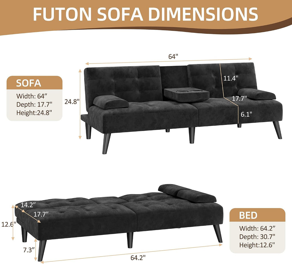 Shintenchi 64" Futon Sofa Bed, Velvet Foldable Couch, Upholstered Loveseat Sofa Couch with Folding Cup Holders, Reclining Sleeper with Removable Armrests for Home, Office, Black