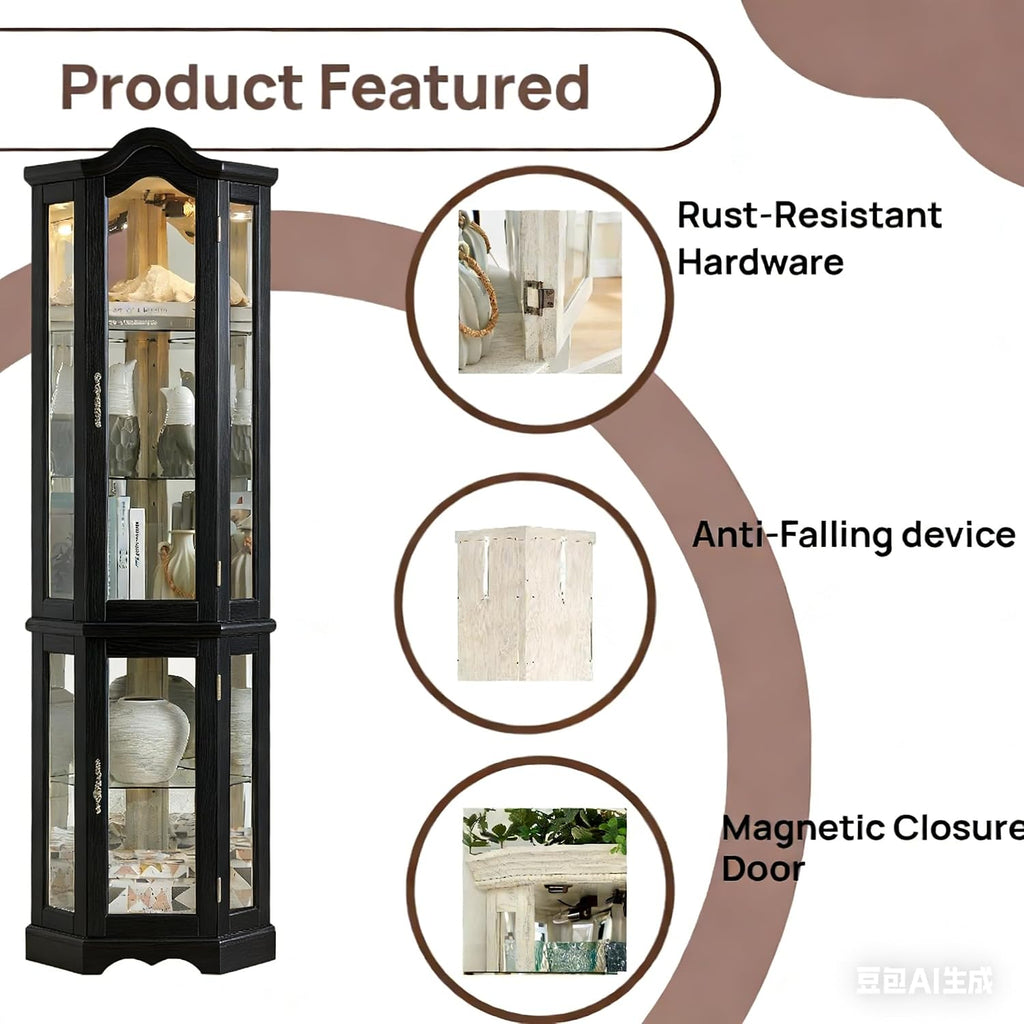 70" Lighted Corner Curio Cabinet,Inside Mirror Corner Glass Display Case with Tempered Glass Door for Living Room, Antique Collectibles, Wine & Bar Glass Storage, Lights Included