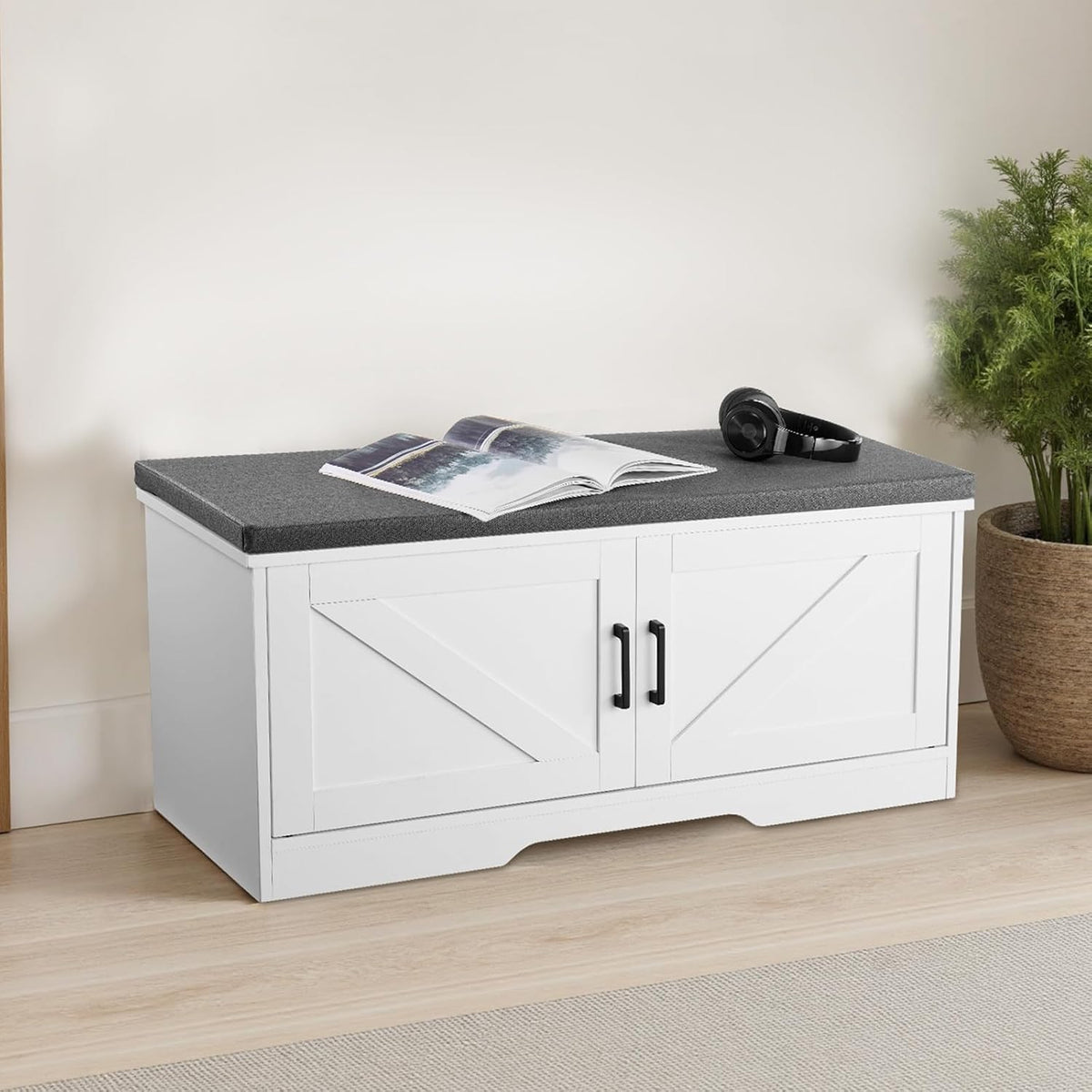 VEVOR Shoe Storage Bench with Padded Cushion & 2 Barn Doors, Entryway Bench 39.4 x 14.0 x 18.1 Inches, for Entryway, Hallway, Living Room, Bedroom