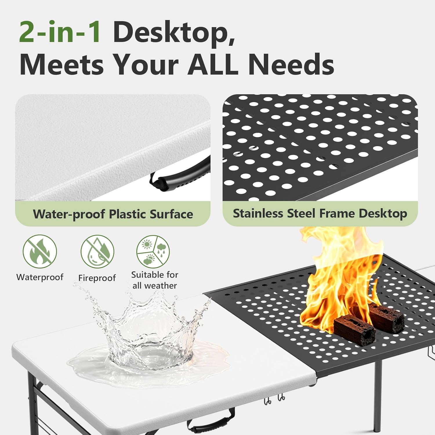 Folding Table, 5ft Folding Grill Table, Portable Camping Table for Cooking & BBQ Prep, 2-in-1 Metal&Solid Surface Foldable Grill Station for Party Cooking, Backyard, Patio Use,(Black and White)