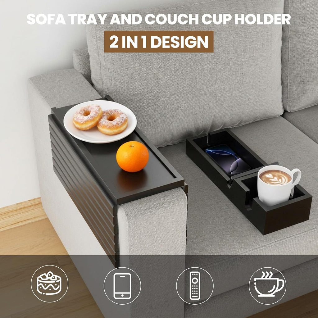 Bamboo Sofa Armrest Tray - Couch Arm Tray with Detachable Couch Cup Holder - 2 in 1 Anti-Slip Foldable Sofa Armchair Caddy Table - Cup Holder for Drinks Cellphone Snacks, Remote