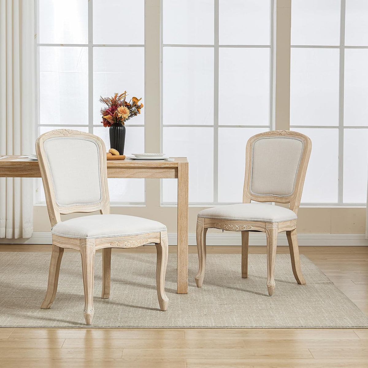 Kmax French Dining Chairs Set of 4, Farbric Upholstered Dining Chairs with Elegant Curved Legs High Back Armless Kitchen Chairs Side Chairs for Dining Room Restaurant - Linen, Beige/Brushed Legs