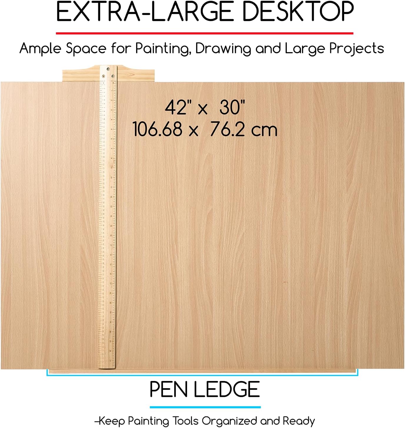 MEEDEN Extra-Large Wood Drafting Table: 42" x 30" Artist Drawing Table Desk - Painting Table with Adjustable Height & Angle - Art Table for Adults with Pencil Ledge for Sketching, Writing, Natural