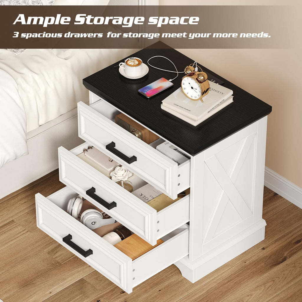knoworld 24 Inch Wide Farmhouse Nightstands Set of 2 with Charging Station, White Nightstand with 3 Large Drawers, Rustic Wood End Table for Bedroom