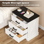 knoworld 24 Inch Wide Farmhouse Nightstands Set of 2 with Charging Station, White Nightstand with 3 Large Drawers, Rustic Wood End Table for Bedroom