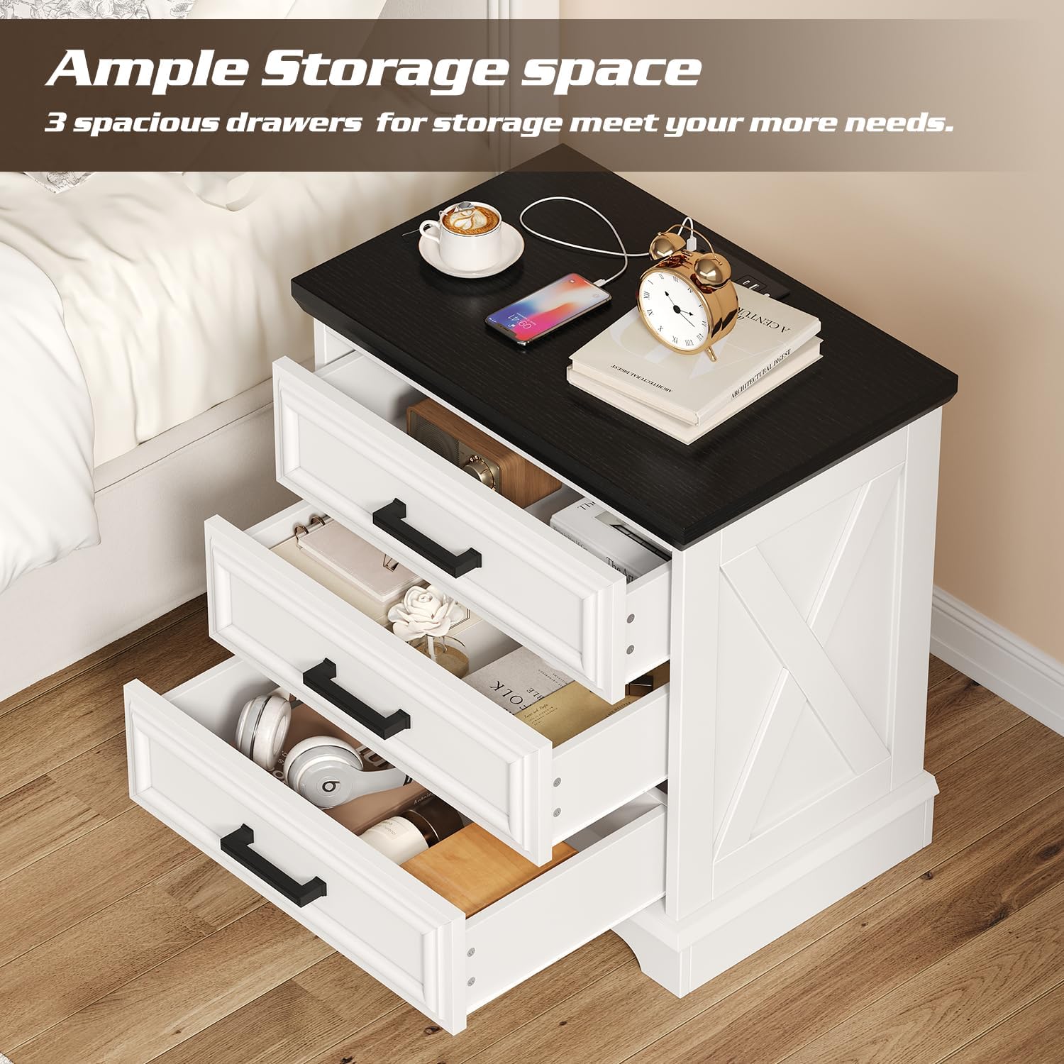 knoworld 24 Inch Wide Farmhouse Nightstands Set of 2 with Charging Station, White Nightstand with 3 Large Drawers, Rustic Wood End Table for Bedroom