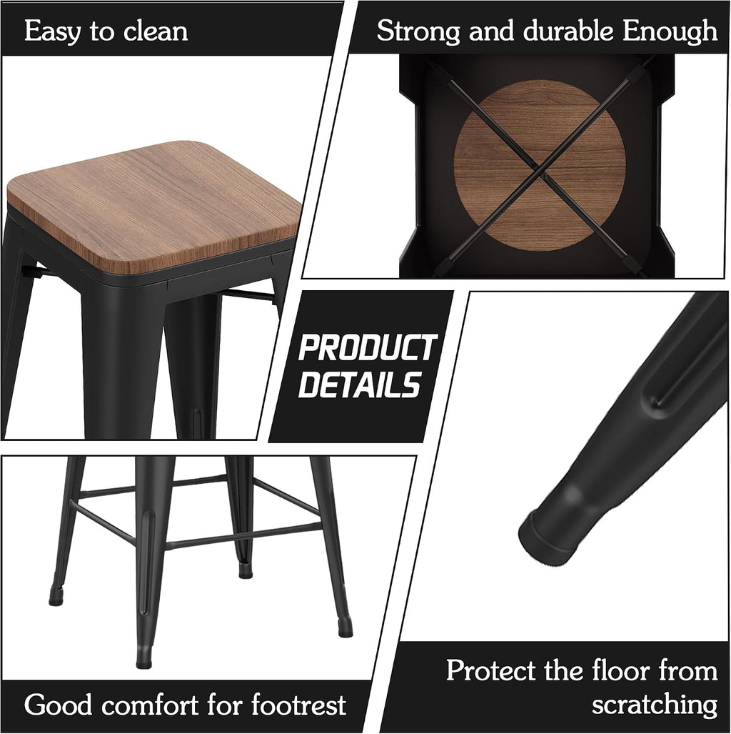 Alunaune 30" Metal Bar Stools Set of 2 Stackable Counter Height Barstools Backless Industrial Kitchen Bar Chairs with Wooden Seat-Matte Black