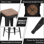 Alunaune 30" Metal Bar Stools Set of 2 Stackable Counter Height Barstools Backless Industrial Kitchen Bar Chairs with Wooden Seat-Matte Black