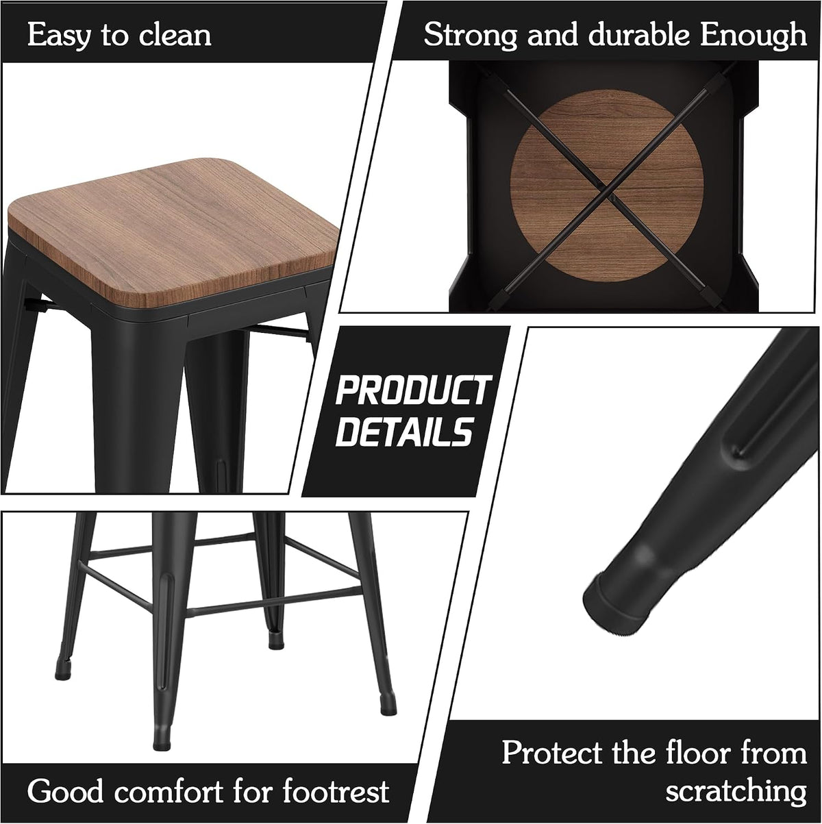 Alunaune 30" Metal Bar Stools Set of 2 Stackable Counter Height Barstools Backless Industrial Kitchen Bar Chairs with Wooden Seat-Matte Black