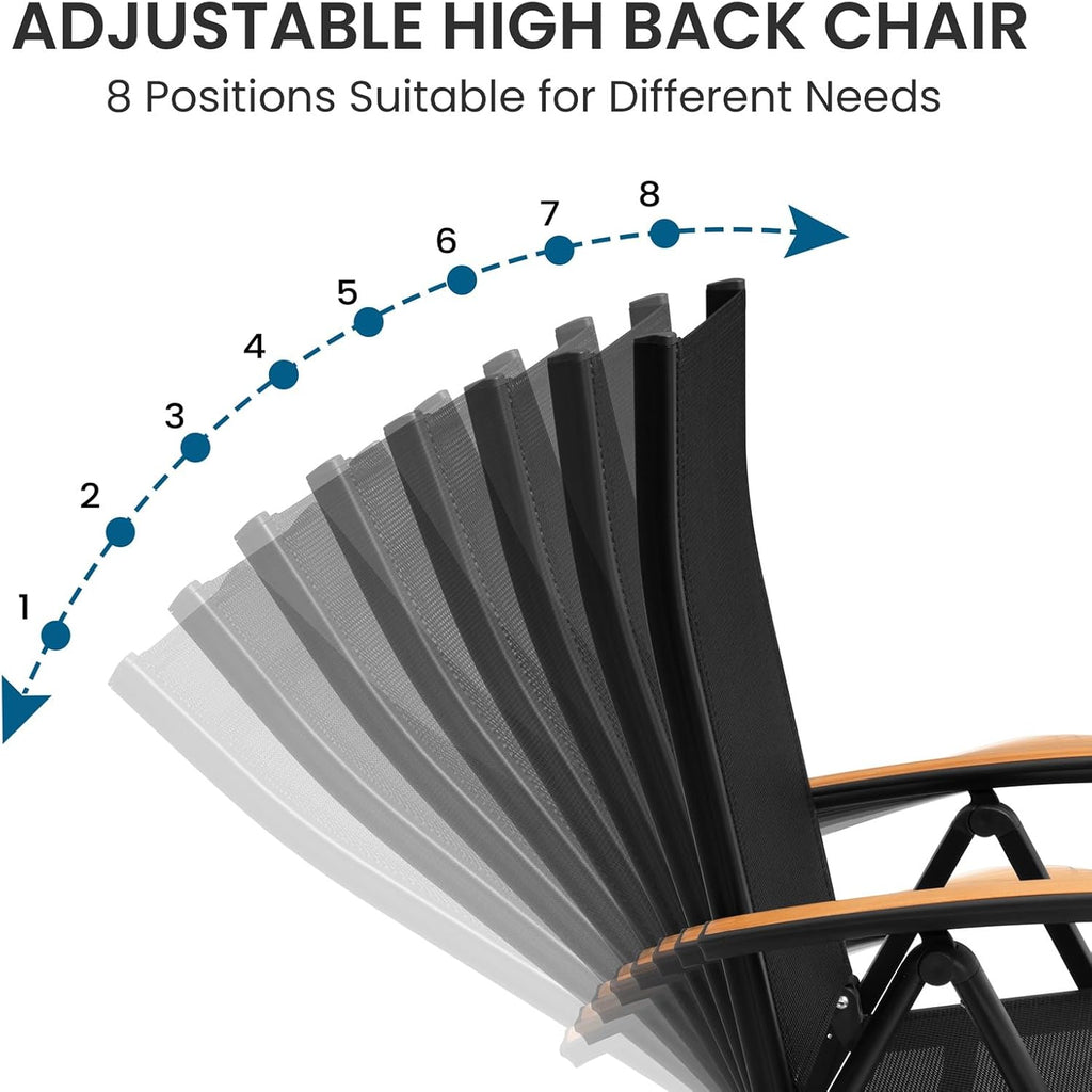 Crestlive Products Folding Patio Chairs Set of 2, 8-Level Adjustable Outdoor Recliner Chairs with Teak Armrest Aluminium Frame for Pool, Backyard, Black, DC071