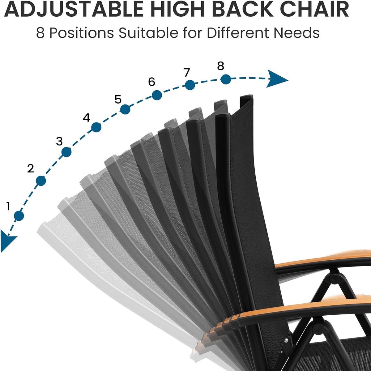 Crestlive Products Folding Patio Chairs Set of 2, 8-Level Adjustable Outdoor Recliner Chairs with Teak Armrest Aluminium Frame for Pool, Backyard, Black, DC071