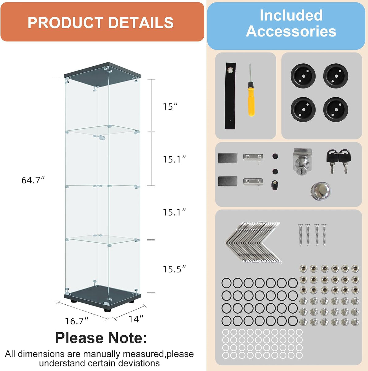 FANYUSHOW Tempered Glass Display Cabinet 4-Shelf Curio Cabinet with Security Lock 5mm Display Shelf Showcase for Living Room/Bedroom/Office- Black 64.7" H x 16.7" L x 14.37" W