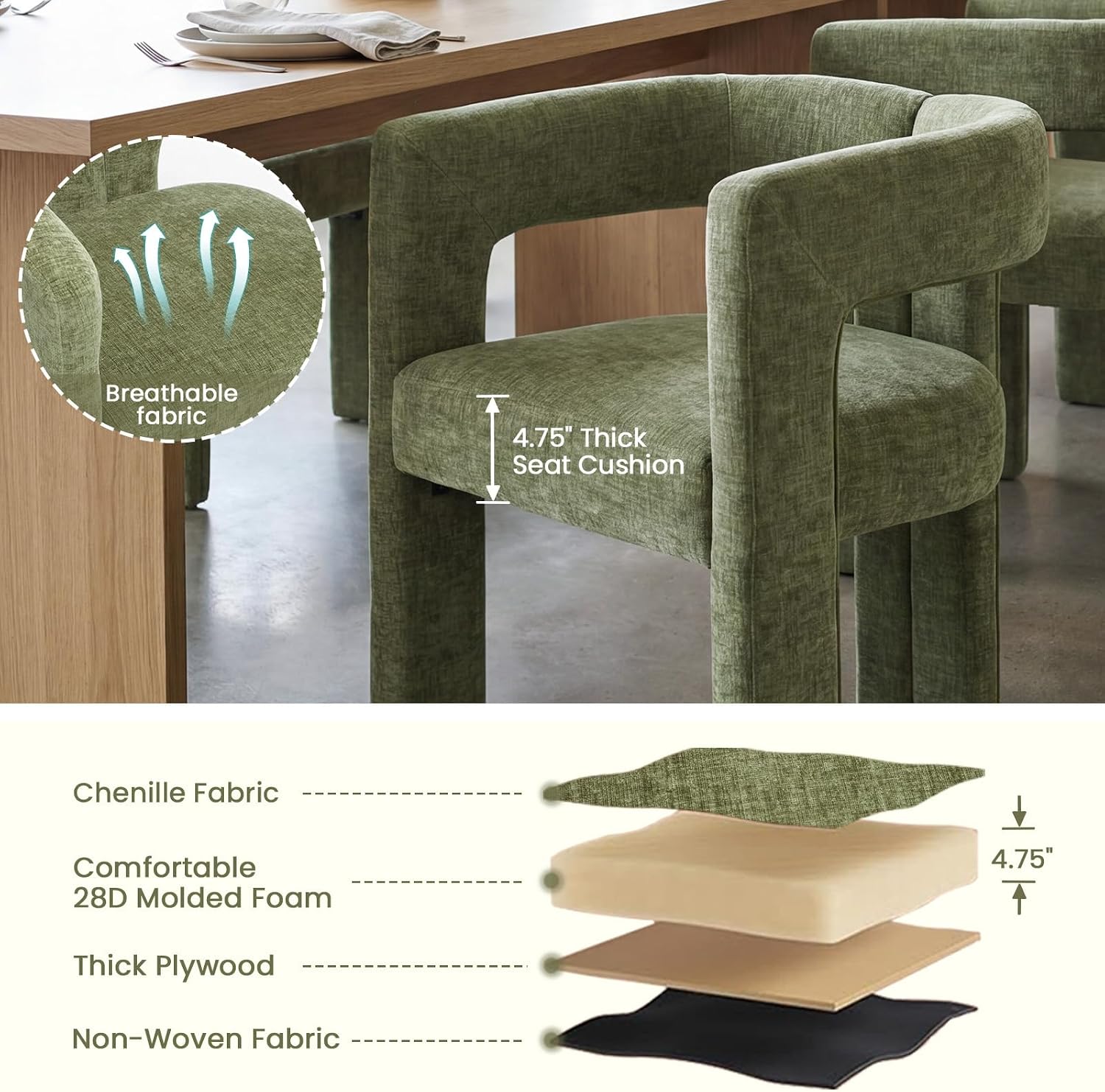 VESCASA Modern Barrel Dining Chairs Set of 2 with Open Back, Chenille Upholstered Accent Kitchen Armchairs with Wood Legs for Dining Room Reception Small Space, Green