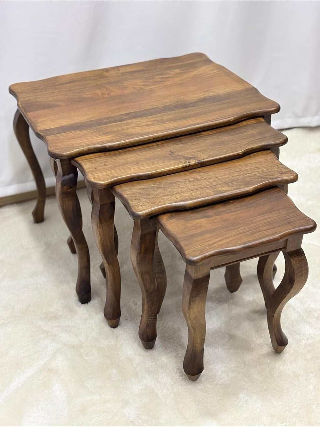 Walnut Wood 4-Piece Nesting Side Table Set 25.6x19.7x19.7 in Solid Wood Living Room Furniture - Brown