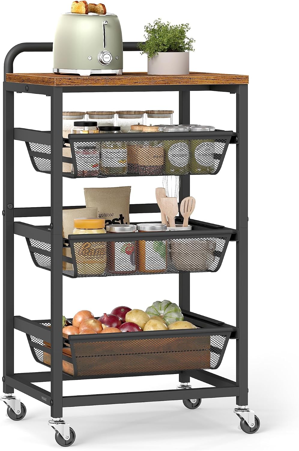 VASAGLE 4-Tier Storage Rolling Cart Organizer with Pull-Out Baskets | Utility Cart with Wheels, Handle, 12.5 x 15.8 x 29.9 Inches, Rustic Brown and Matte Black, DACEY Collection ULRC040K01