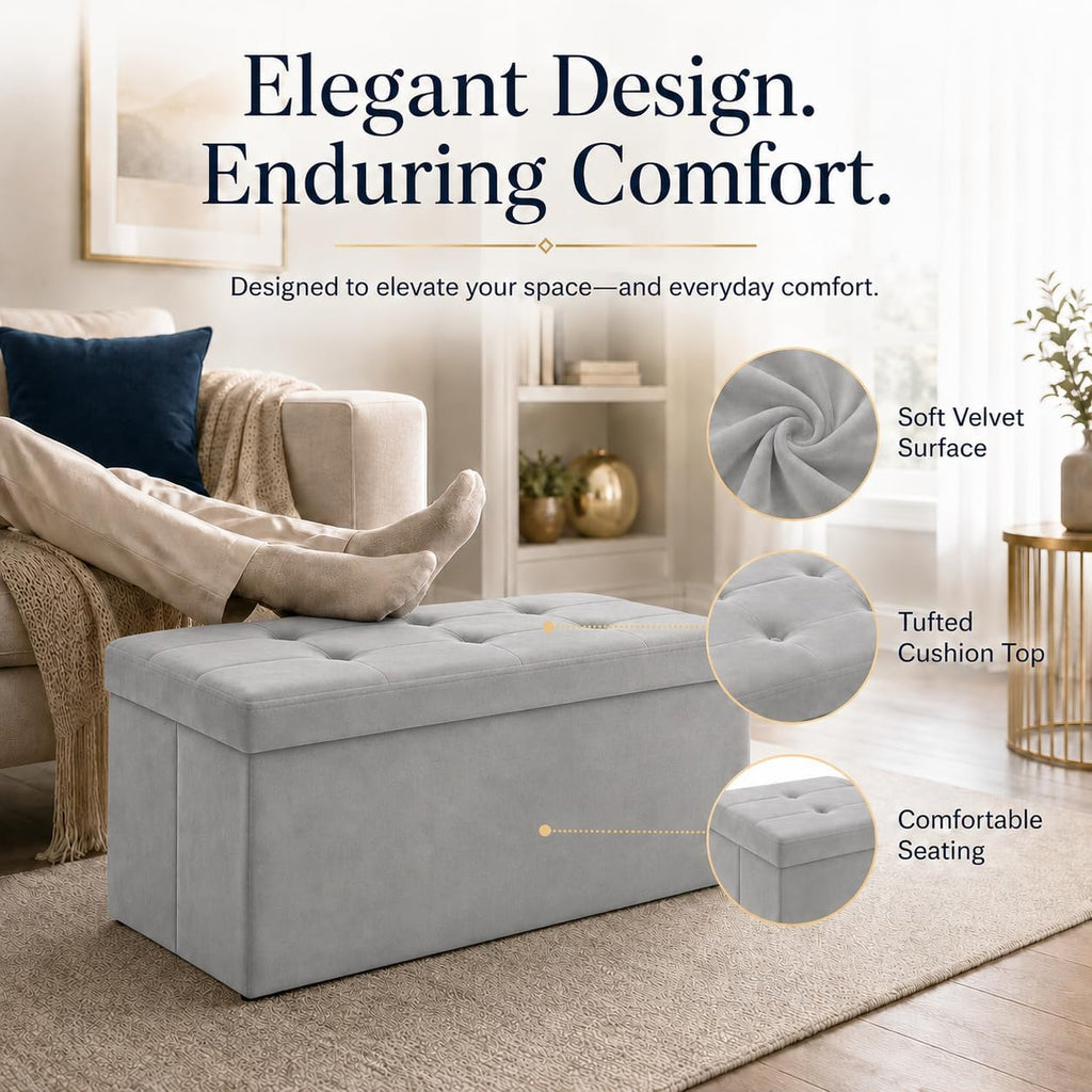 ALASDO 30 Inch Folding Storage Ottoman Bench with Hidden Storage, Velvet Storage Ottoman Foot Rest Stool, End of Bed Bench for Bedroom, Living Room, Entryway and Closet, Dark Gray