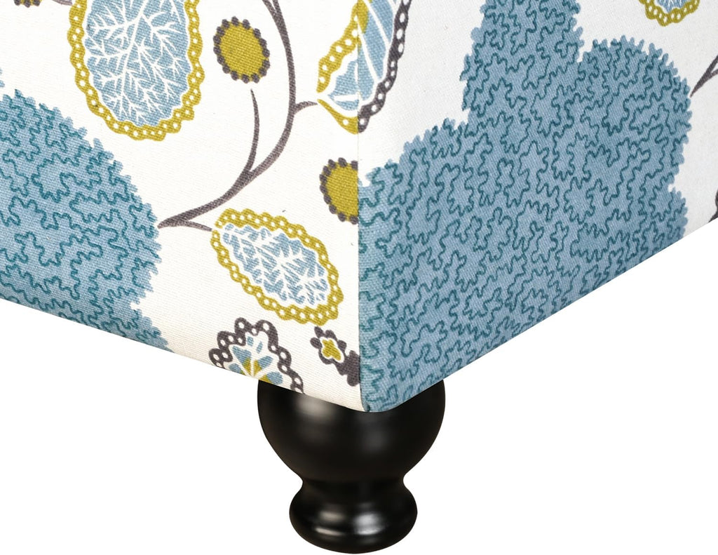 Adeco Colorful Storage Ottoman with Storage, 21" Linen Fabric Ottoman Foot Rest Stool with Hinged Lid with Blue Leaf Pattern, 360 LB Load Capacity, Living Room, Bedroom, Entryway