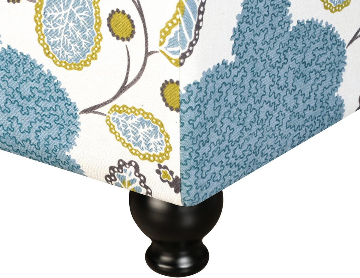 Adeco Colorful Storage Ottoman with Storage, 21" Linen Fabric Ottoman Foot Rest Stool with Hinged Lid with Blue Leaf Pattern, 360 LB Load Capacity, Living Room, Bedroom, Entryway