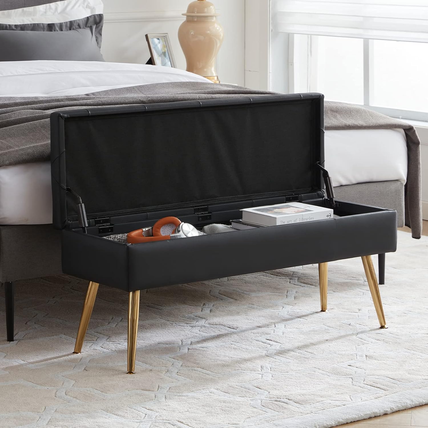 Gitrah Storage Bench Entryway Bench End of Bed Bench Ottoman Upholstered Faux Leather Bedroom Bench Tufted Bench with Golden Legs 40" Black Bench
