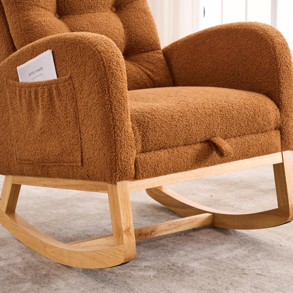 Accent Rocking Chair with Footrest High Back Rubber Wood Rocking Legs Bedroom Living Space (Caramel + Teddy + Foam)