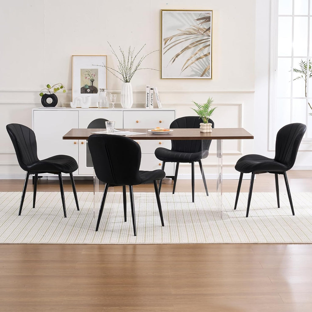 Fabric Dining Chairs Set of 4, Mid Century Modern Kitchen Chairs with Padded Cushion Seat and Metal Legs for Dining Room, Comfy Breathable Upholstered Side Accent Chairs, Black