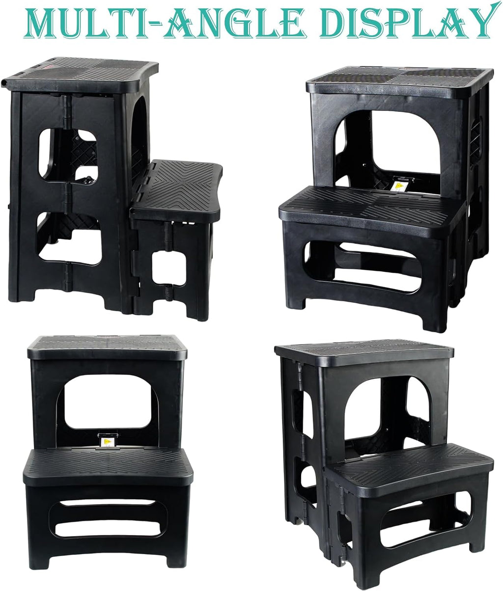 2-Step Folding Stool Ladder,Non-Slip Portable Collapsible Step Stool for Kitchen Bathroom Home RV Closet Office, 16.5" Heights, Holds 300 lbs,Foldable Lightweight Design only 4.6Ibs (Black)