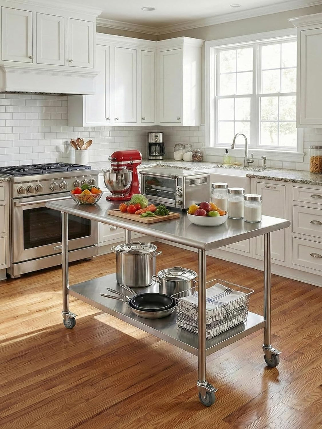 Atelicf NSF Stainless Steel Prep Table 24X48 inch, Flat Top & Casters | Mobile commercial-grade table for restaurants, kitchens, food trucks, breweries, bars, garages, and BBQ