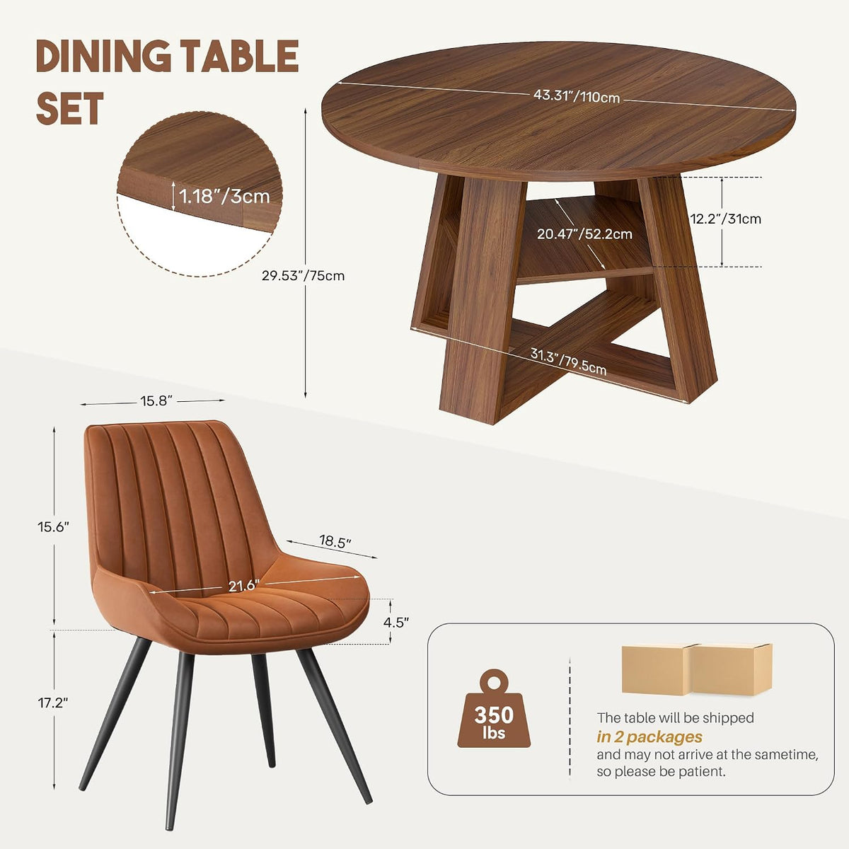 Miereirl Round Dining Table Set for 4, 43.31 Inch Round Kitchen Table and Chairs Set with Storage Shelf, Space Saving Dining Room Table Set, Modern Dining Set for Apartment, Kitchen, Dining Room