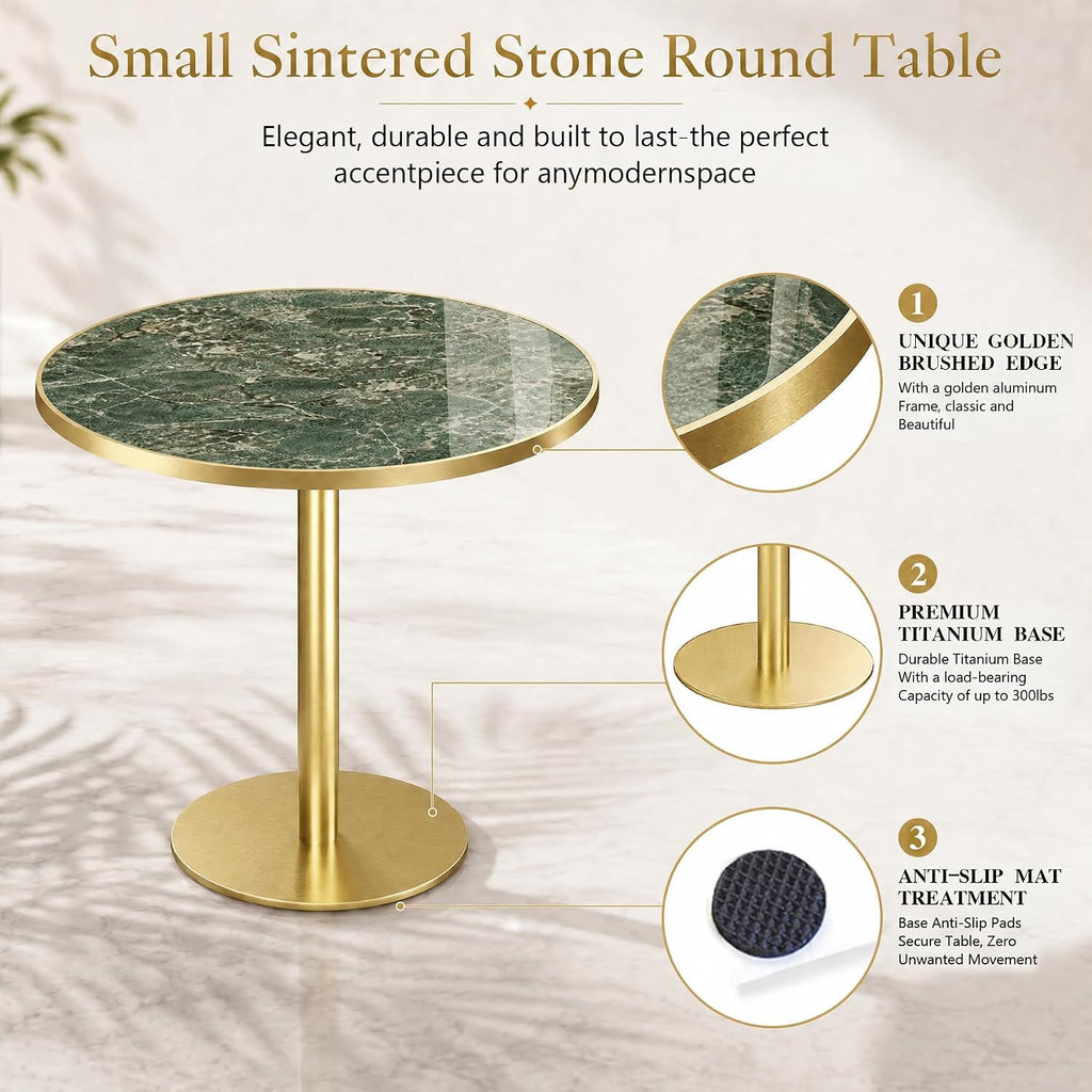 31.5" Tulip Table, Small Modern Round Dining Table for 2-4, Sintered Stone Circle Dining Tables with Golden Metal Pedestal Base, Tulip Tables for Kitchen/Cafe/Small Spaces/Restaurant (Verde Alpi)