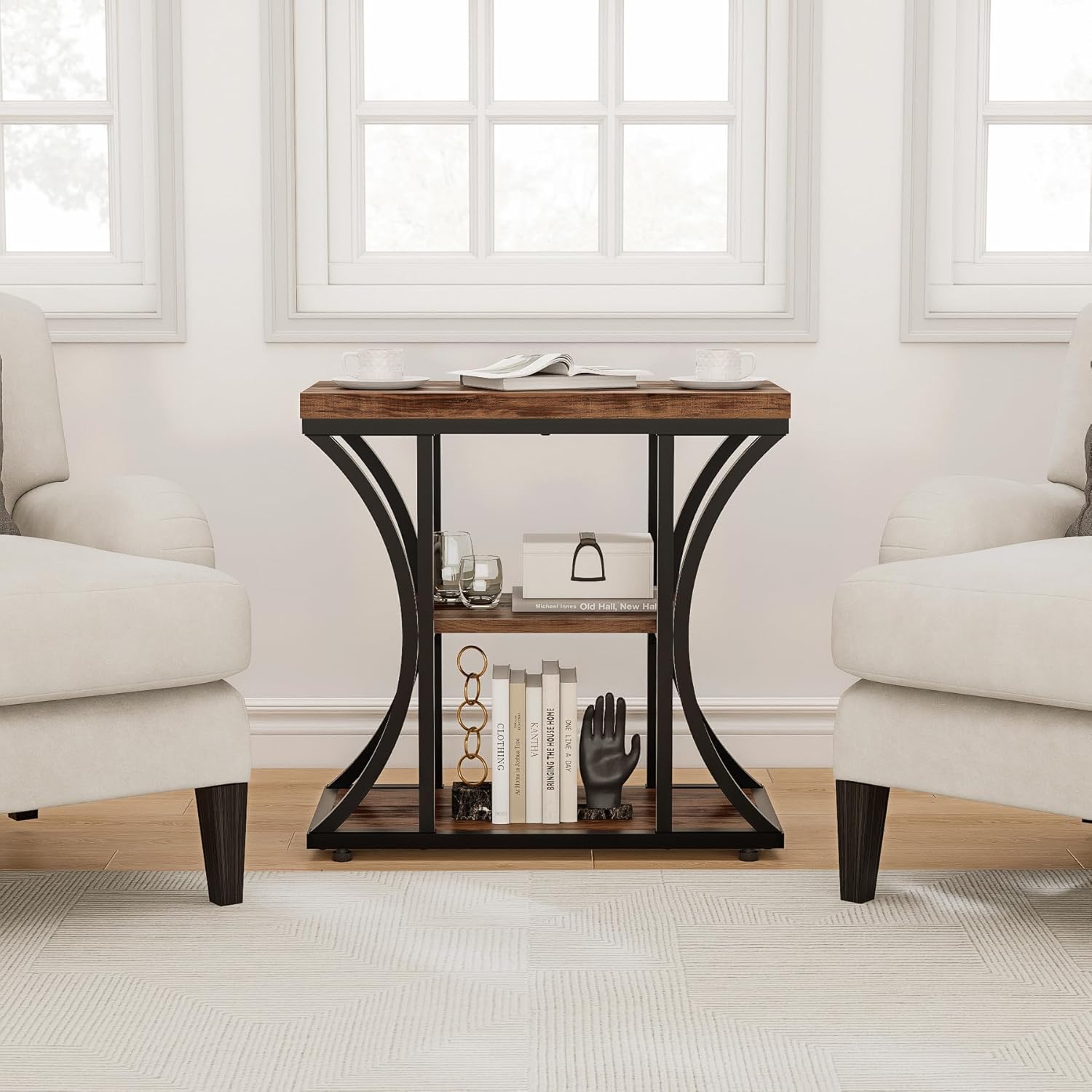 3 Tier End Table with Storage, Narrow End Table for Living Room and Bedroom, Small Space Wood and Metal Side Table, Rustic Brown