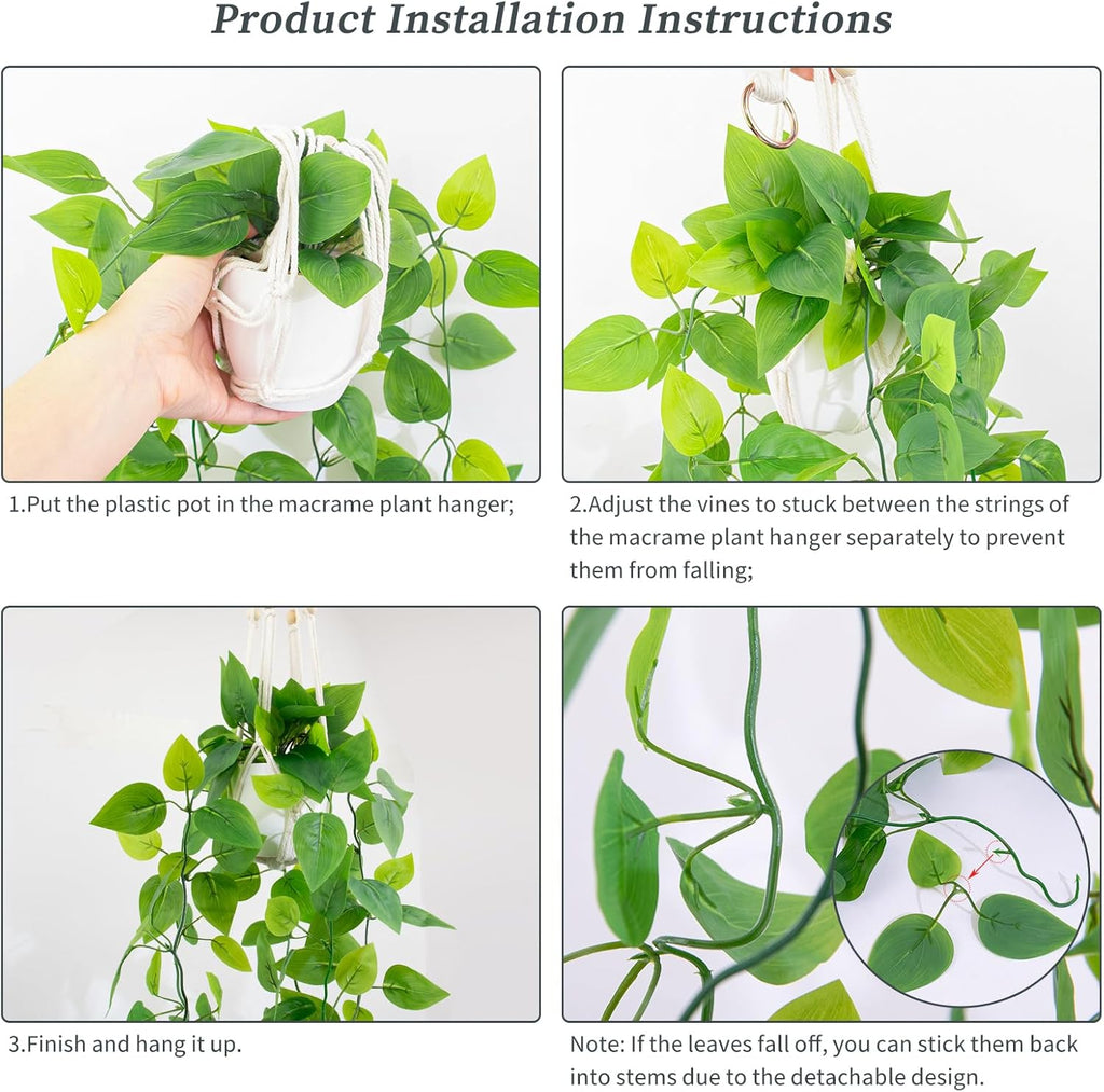 LOYWREE 1 Pack Artificial Hanging Plant Kit with Pot and Hanger - 39" Long Fake Pothos Vines - Hanging Potted Faux Plant Indoor for Wall Ceiling Bedroom Bathroom Living Room Home Decor (White Pot)