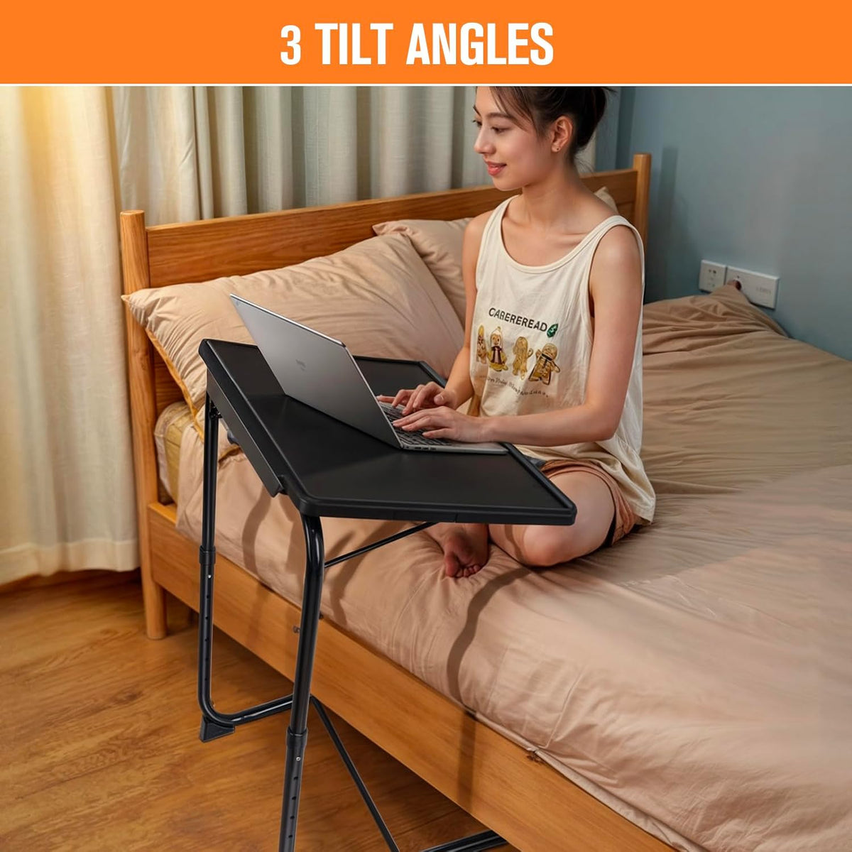 TV Tray Table, TV Dinner Table with 3 Tilt Angles and 6 Height Adjustments, Folding Adjustable Tray Tables with Cup Holder for Eating on Couch, Bed & Sofa, Set of 2
