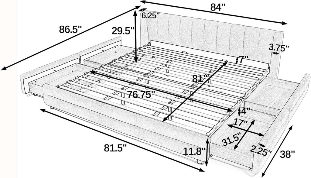 KEIKI Thick Chenille King Bed Frame with 4 Storage Drawer & Upholstered Tufted Cushioned Headboard, Modern Solid Wood Floor Platform Cloud Bed Frame for Bedroom, No Box Spring Needed, Beige