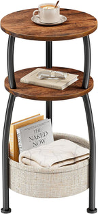Round Side Table for Small Spaces with Storage Basket –Small End Table 3-Tier Night Stand Sofa Corner Table for Living Room, Bedroom, Patio and More 24in Tall Rustic Brown
