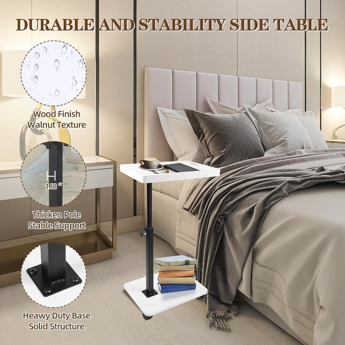 C Table Side Table End Table Adjustable Height，C Shaped End for Couch，Snack Tables,360°Swivel TV Tray Sofa Table， For Small Spaces，Side Tables living room and bedroom for Sofa, Bed,Chair(White)