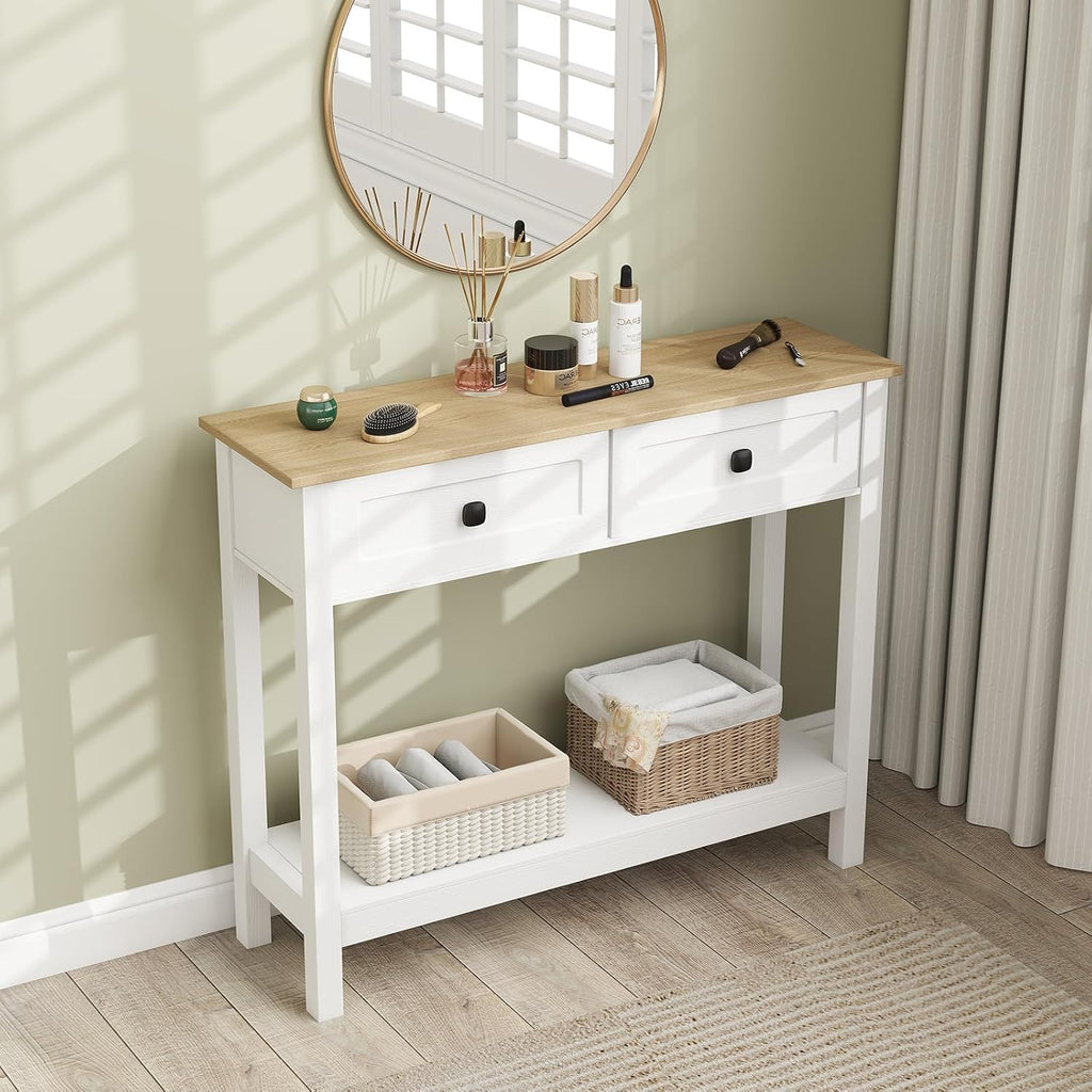 kinbor Entryway Table - White Console Table with 2 Drawers, Narrow Small Console Table with Storage Shelf for Entryway, Living Room, Hallway, Easy to Install, White