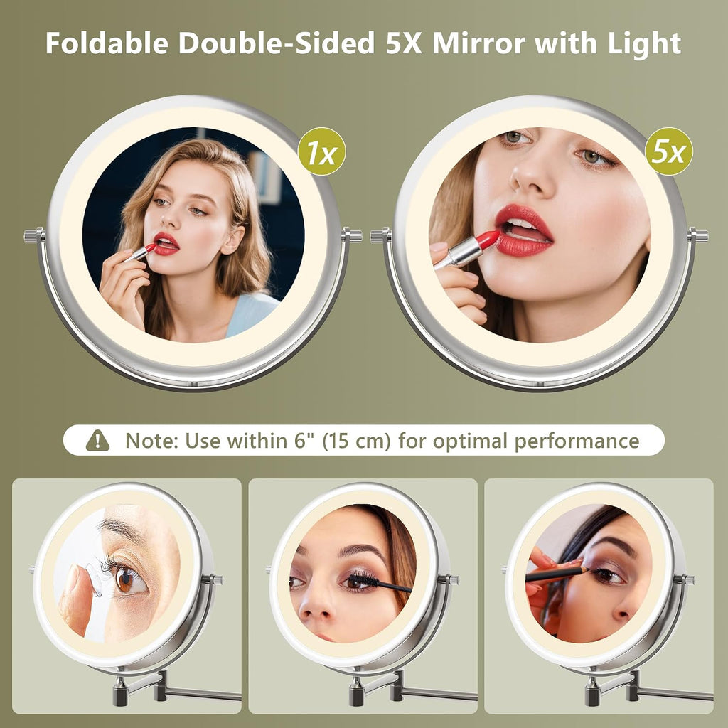 Einhomn Vanity Desk w/5x Magnifying Mirror, Fluted Makeup Vanity w/Mirror and Lights, Glass Top Vanity, Dressing Table w/Power Outlet & Drawers, Adjustable Shelves for Bedroom, Women & Girls, Natural