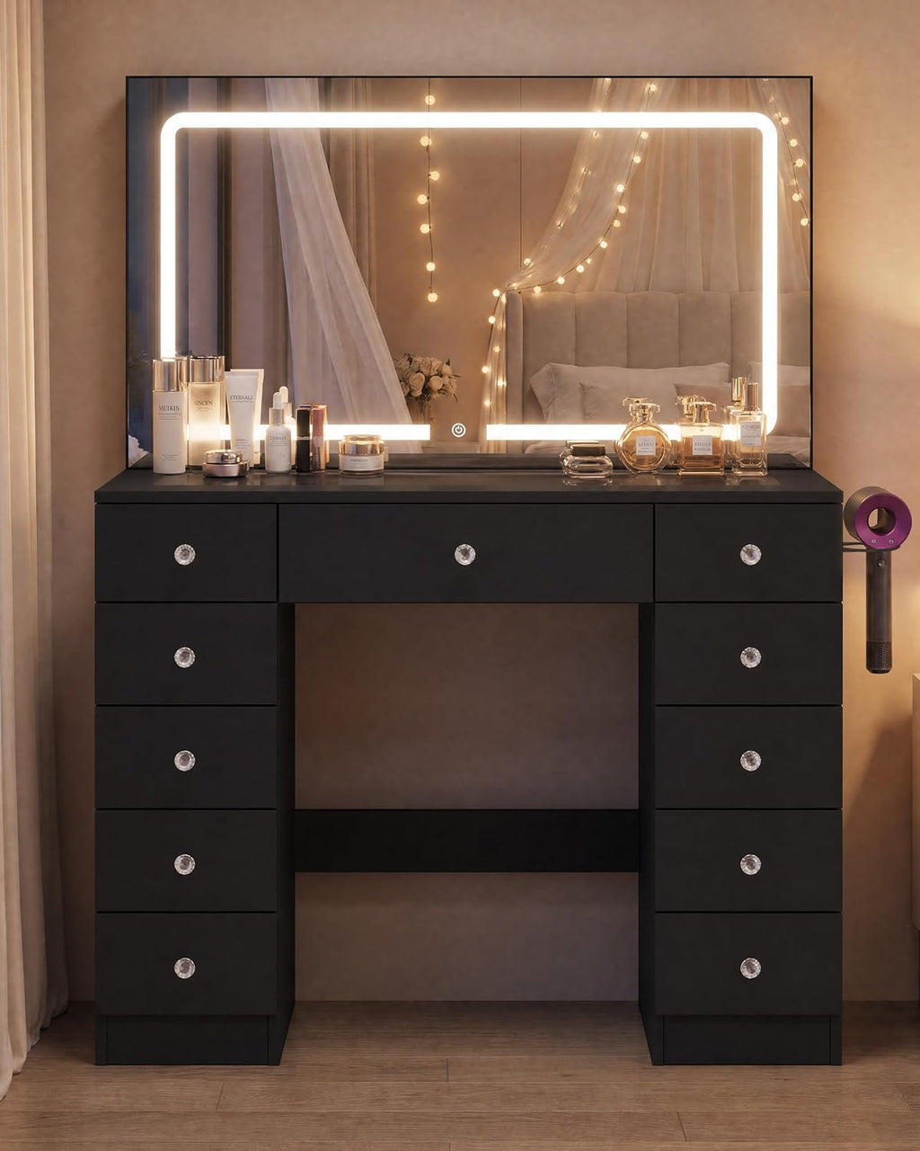 Otterease Black Makeup Vanity with Mirror and Lights,11 Drawers & Glass Top | Large Black Vanity Table with LED Lighted Mirror, Charging Station, Hair Dryer Holder for Bedroom